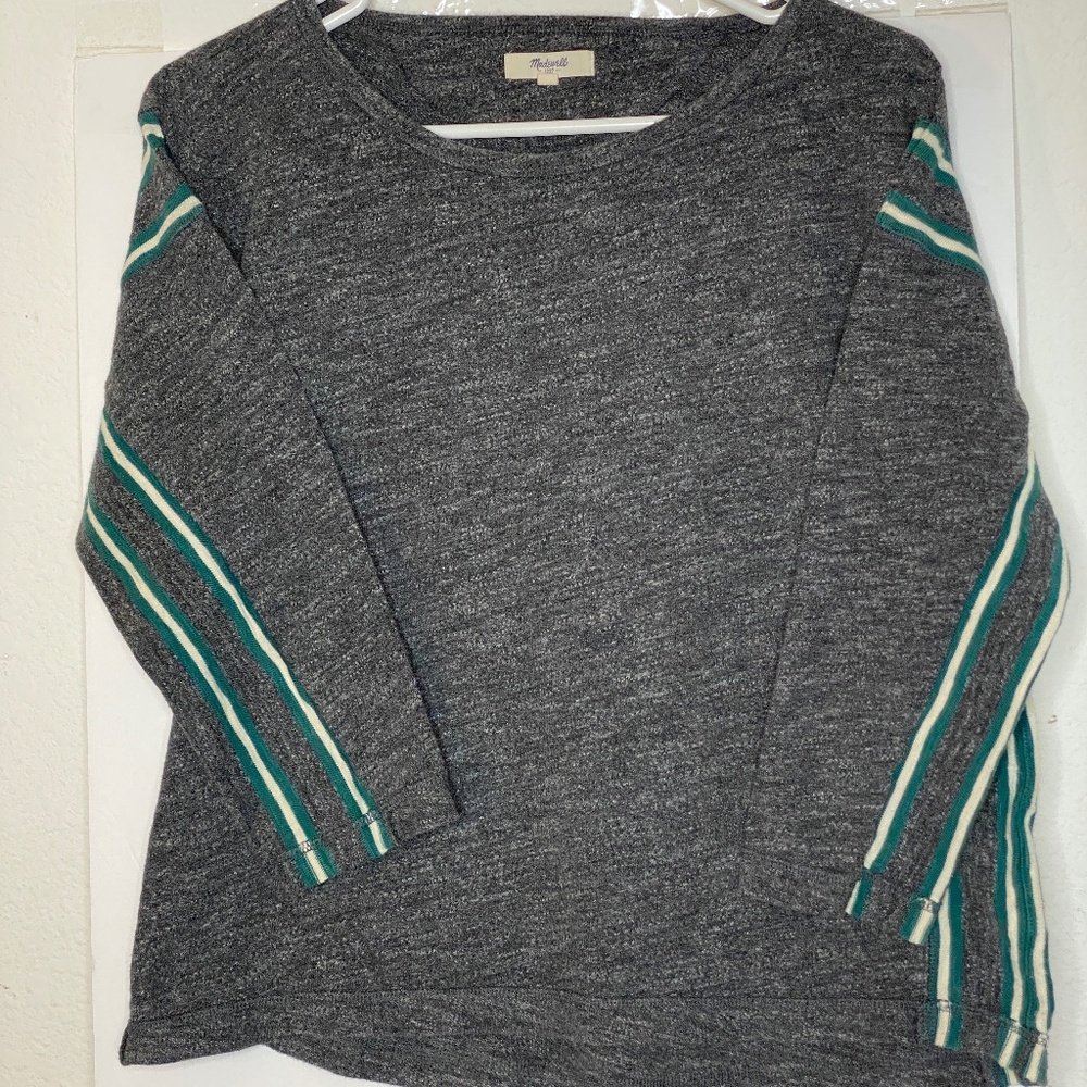 MADEWELL Pullover Top Grey Knit with Green Contrast Ribbon Accent  Size S